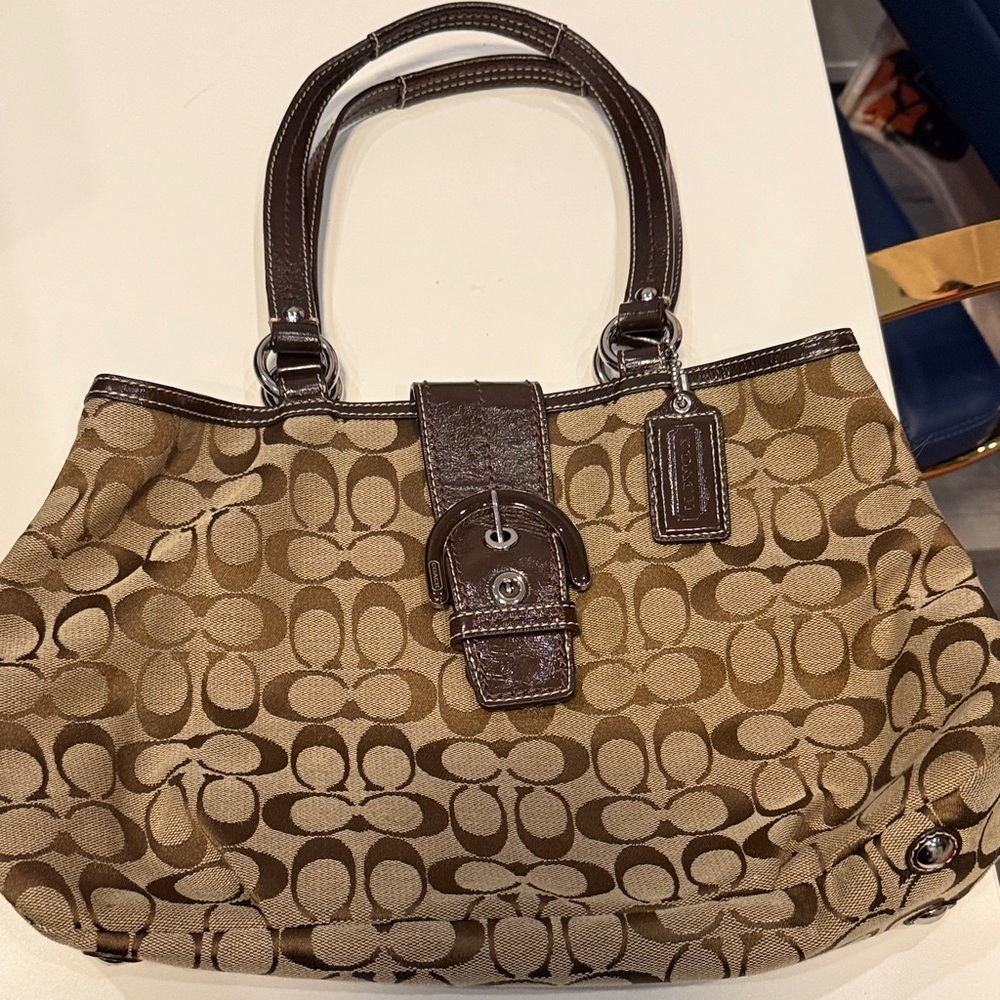 Coach Tan and Brown Signature Shoulder Bag